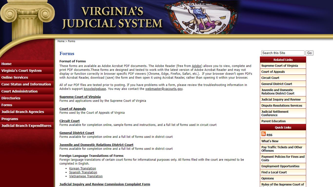 Virginia's Judicial System: Forms - courts.state.va.us